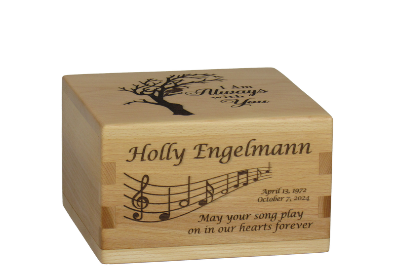 Personalized wooden cremation urn handcrafted in Beech with custom laser engraving.