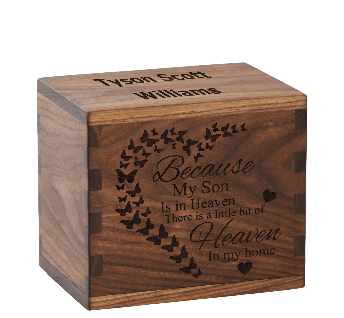 Personalized wooden cremation urn handcrafted in Walnut with custom laser engraving.