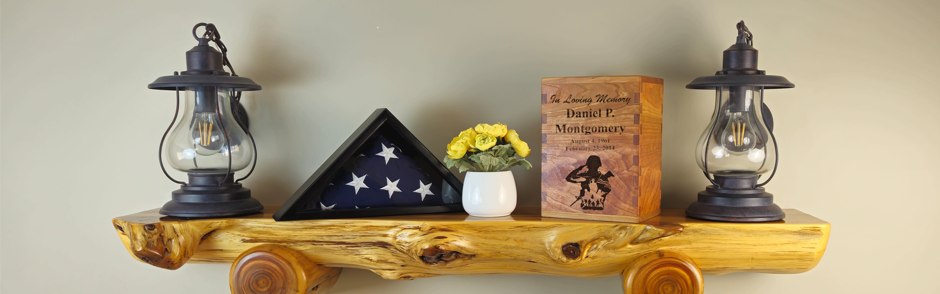 Classic cremation urn displayed on a wood mantel.