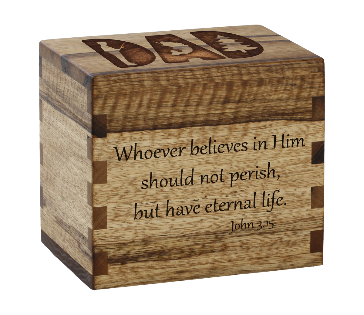 Cremation urn with laser engraving showing scripture ideas.