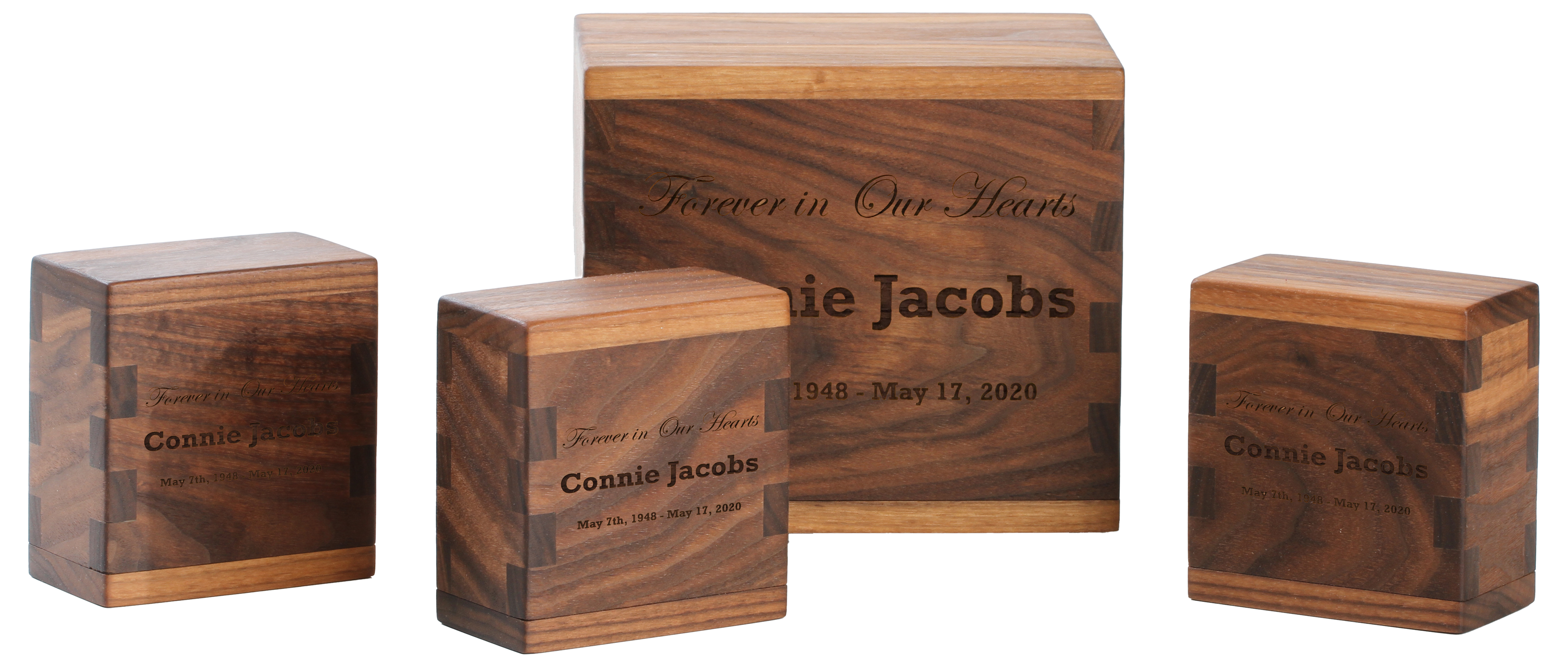 Custom cremation urn bundle in Walnut with personalization.