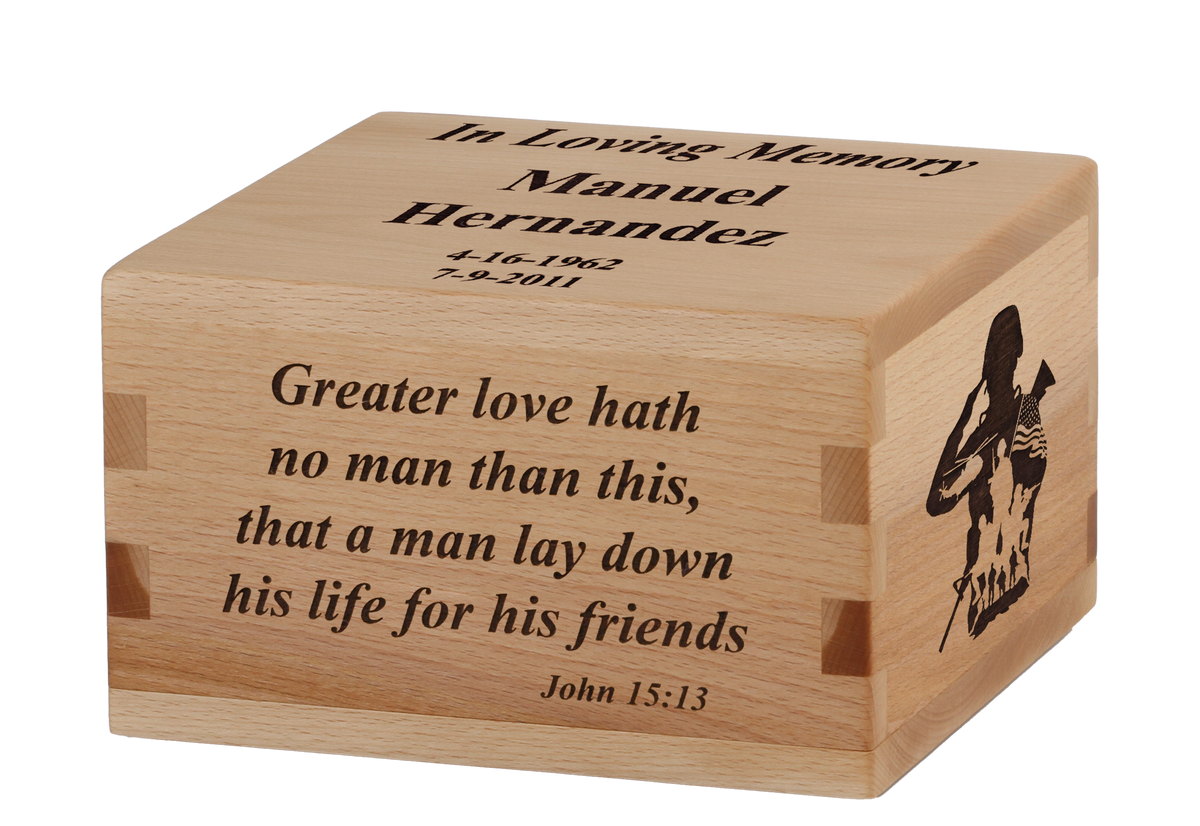 Cremation urn with laser engraving showing scripture ideas.