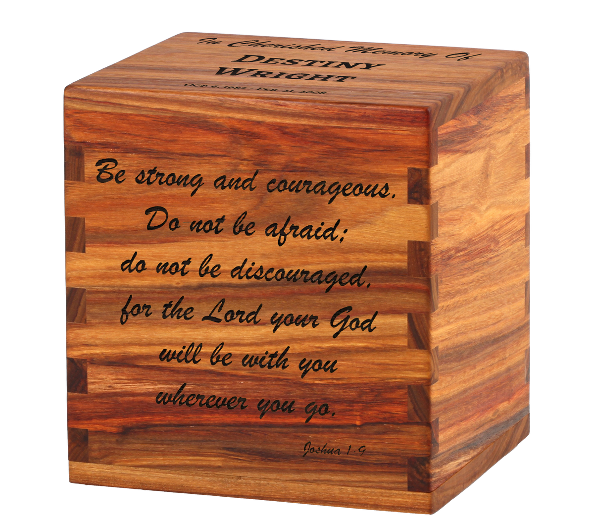 Cremation urn with laser engraving showing scripture ideas.