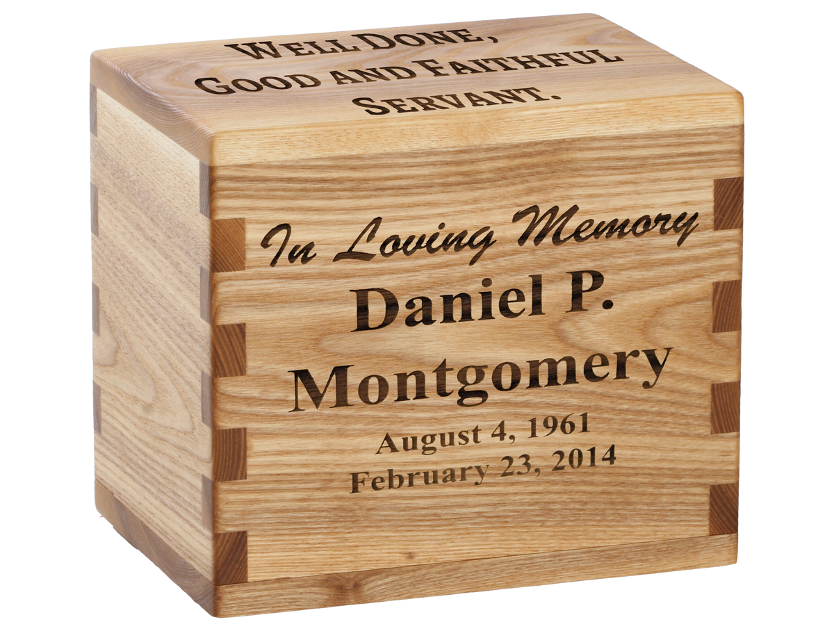 Cremation urn with laser engraving showing sentiment ideas.