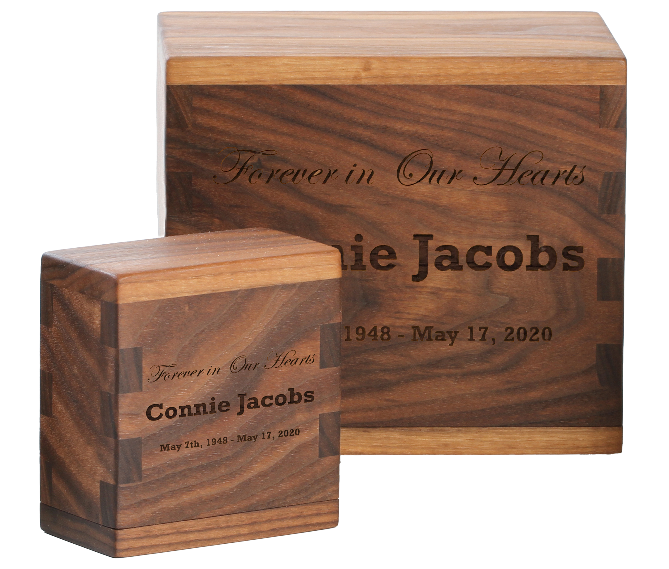 Custom cremation urn bundle in Walnut with personalization.