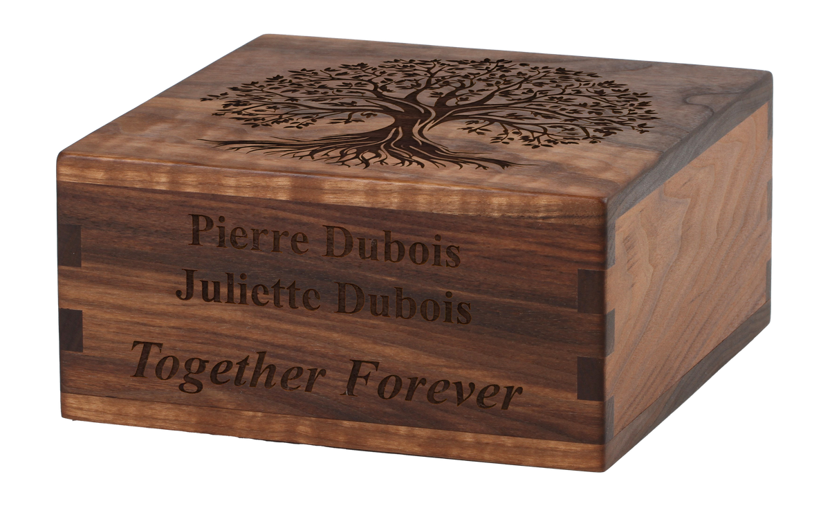 Cremation urn with laser engraving of the Tree of Life and loving sentiment.