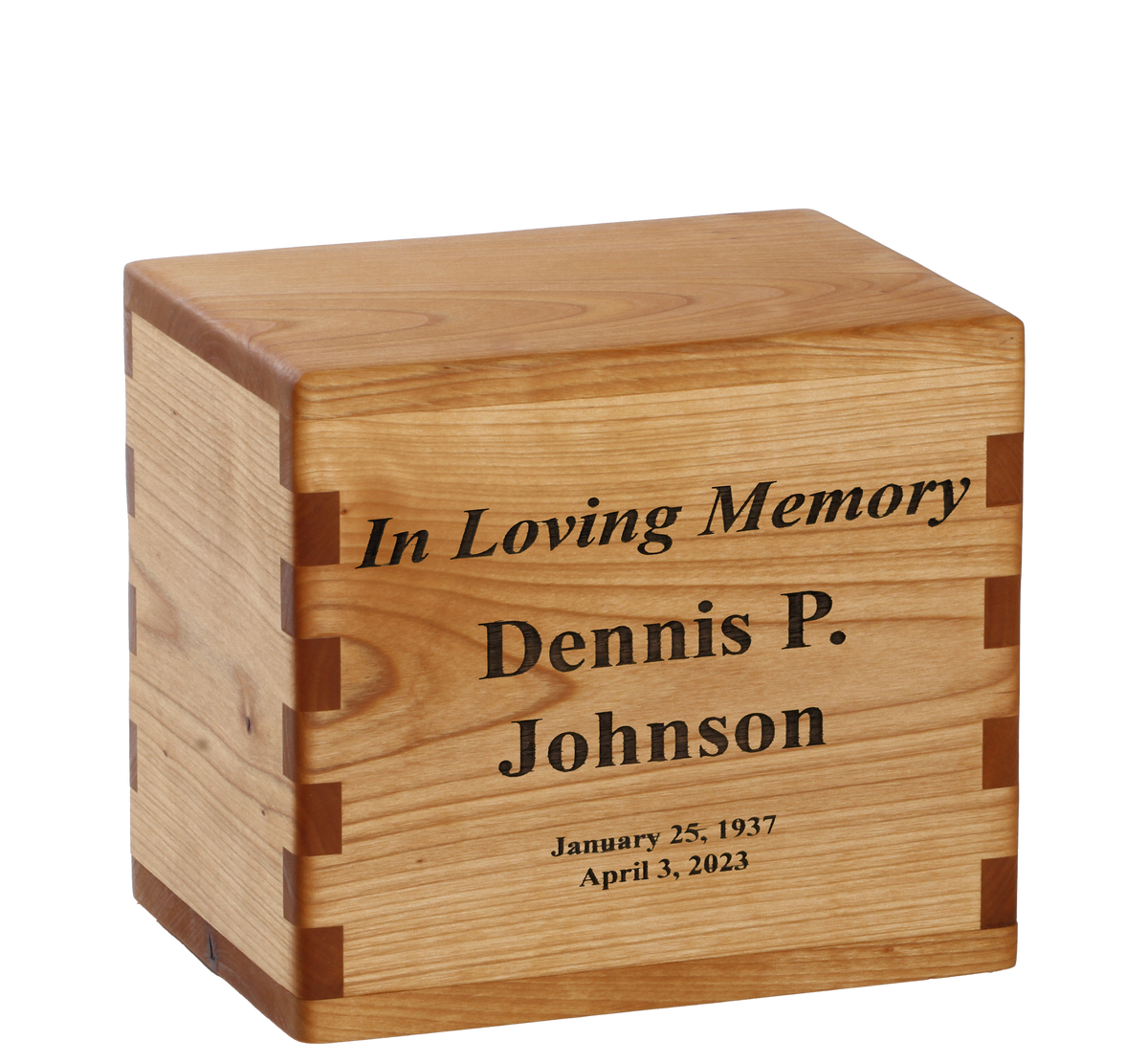 Personalized wooden cremation urn handcrafted in Alder with custom laser engraving.