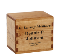 Personalized wooden cremation urn handcrafted in Alder with custom laser engraving.