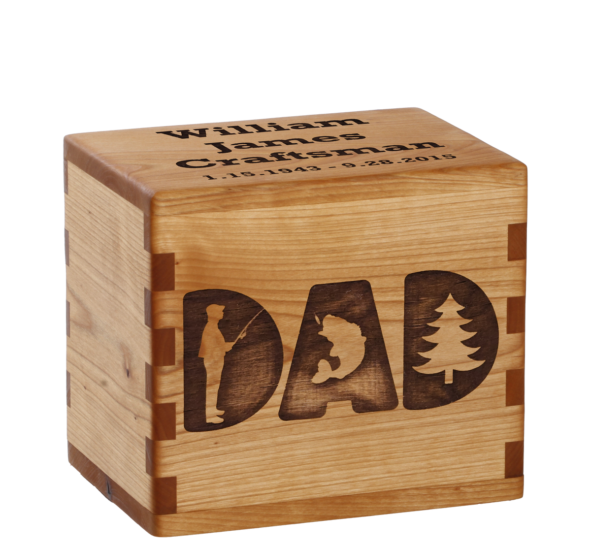 Personalized wooden cremation urn handcrafted in Alder with custom laser engraving.