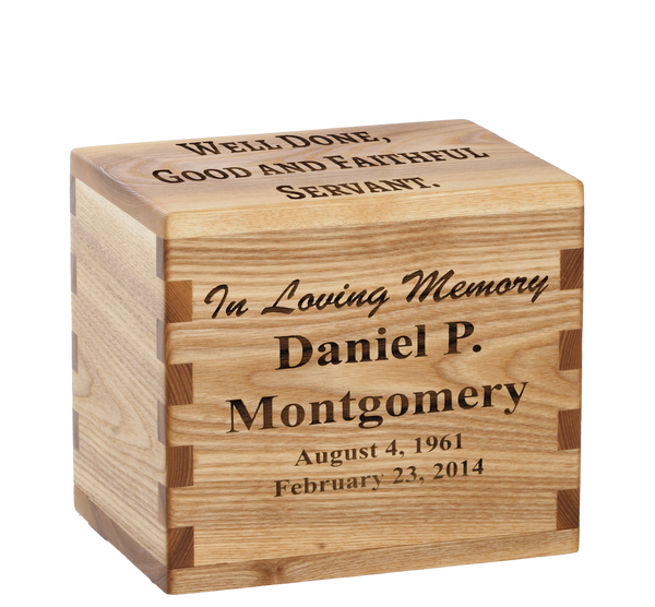 Personalized wooden cremation urn handcrafted in Ash with custom laser engraving.