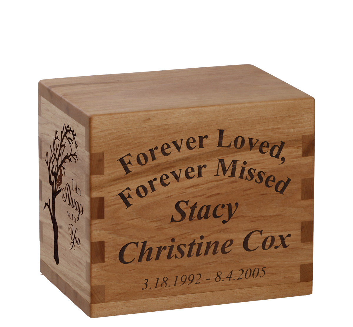 Personalized wooden cremation urn handcrafted in Beech with custom laser engraving.