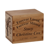 Personalized wooden cremation urn handcrafted in Beech with custom laser engraving.