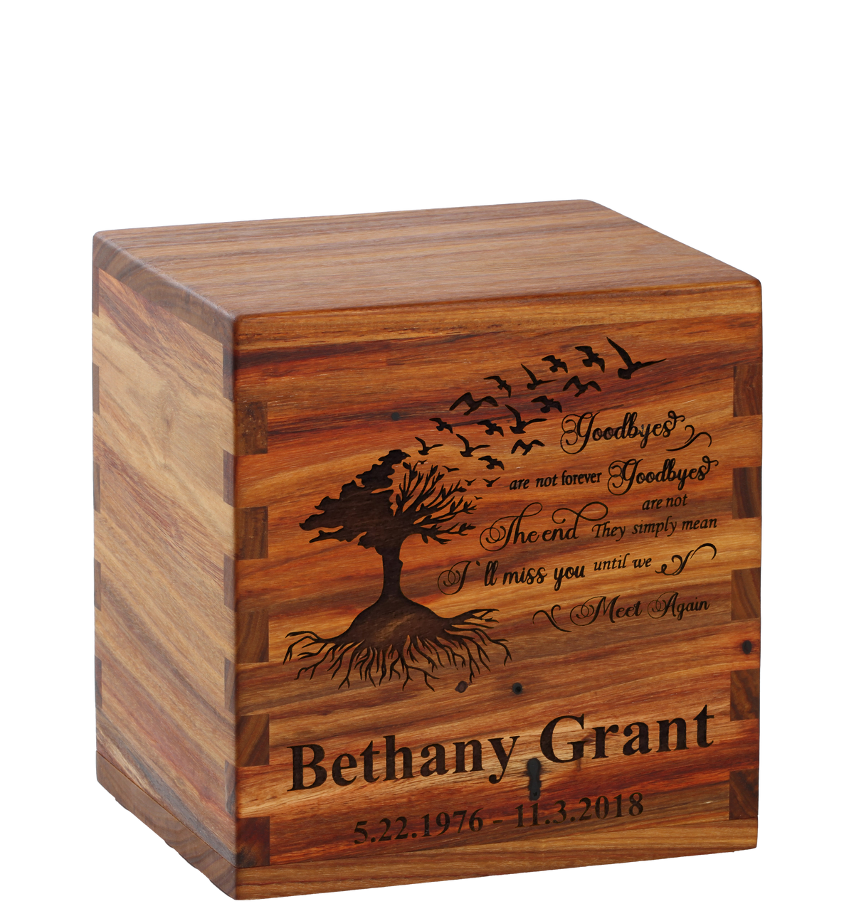 Personalized wooden cremation urn handcrafted in Canarywood with custom laser engraving.