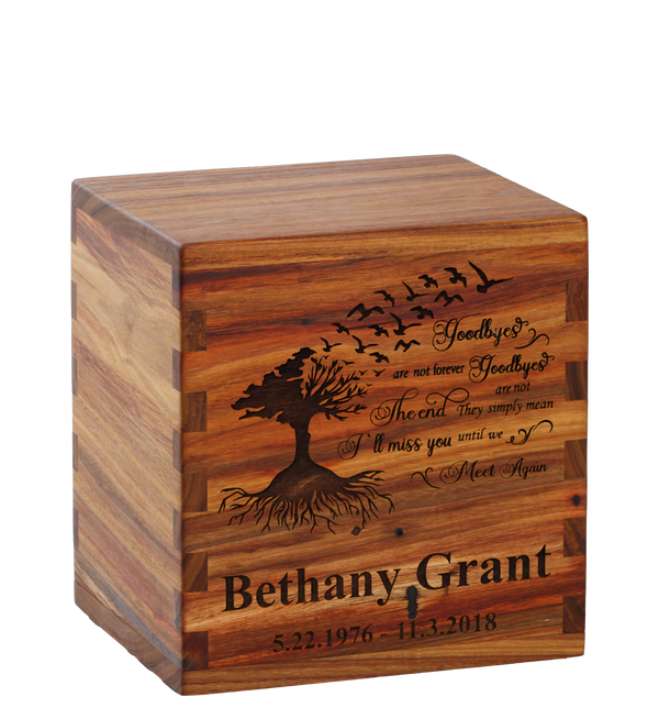 Personalized wooden cremation urn handcrafted in Canarywood with custom laser engraving.