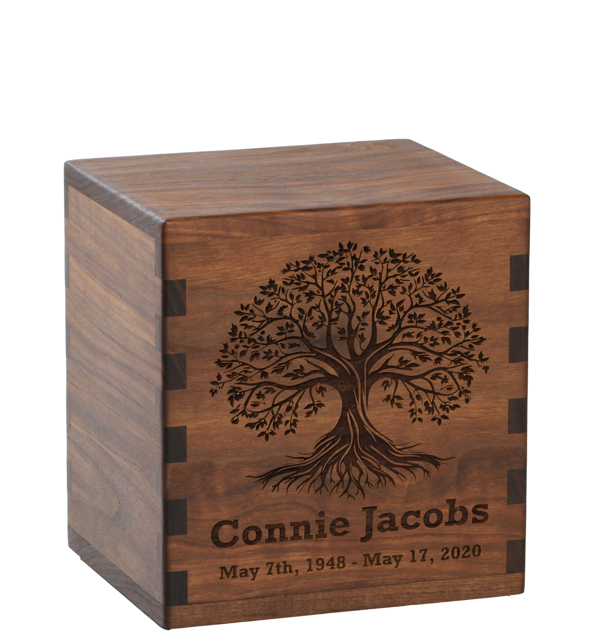 Personalized wooden cremation urn handcrafted in Walnut with custom laser engraving.