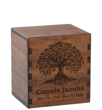 Personalized wooden cremation urn handcrafted in Walnut with custom laser engraving.