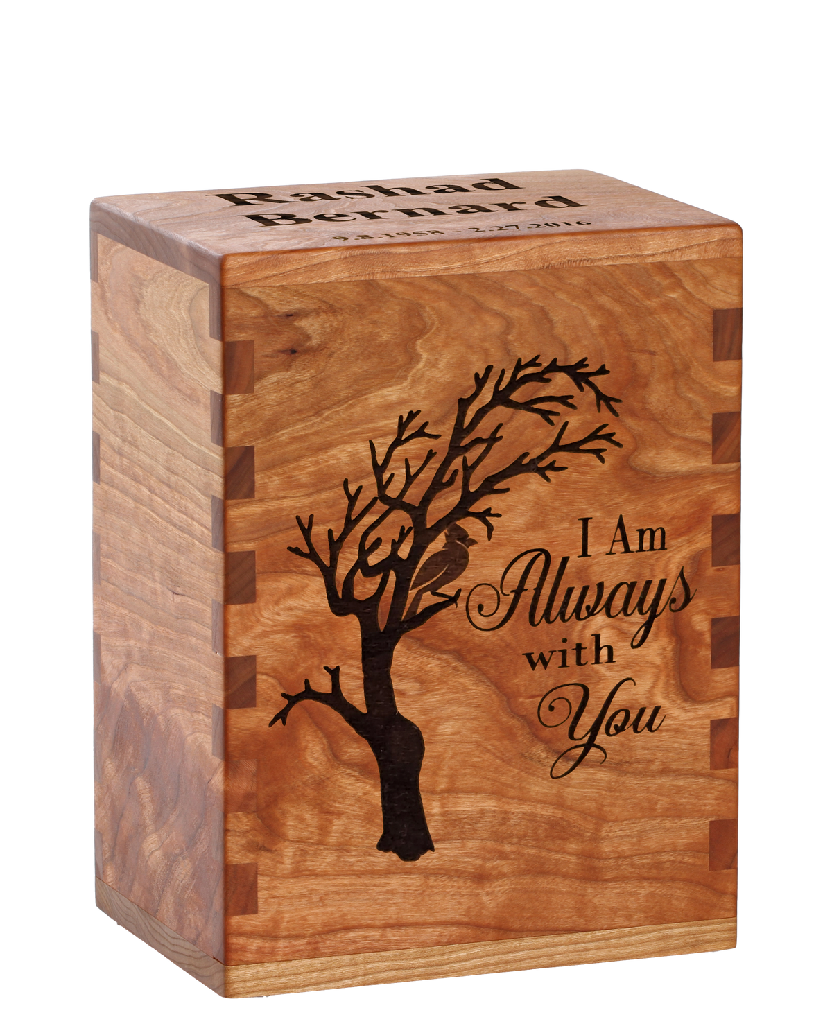 Personalized wooden cremation urn handcrafted in Cherry with custom laser engraving.