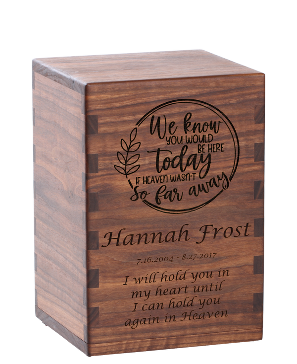 Personalized wooden cremation urn handcrafted in Walnut with custom laser engraving.