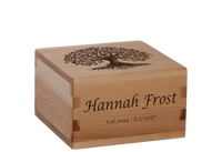 Personalized wooden cremation urn handcrafted in Beech with custom laser engraving.