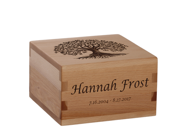 Personalized wooden cremation urn handcrafted in Beech with custom laser engraving.