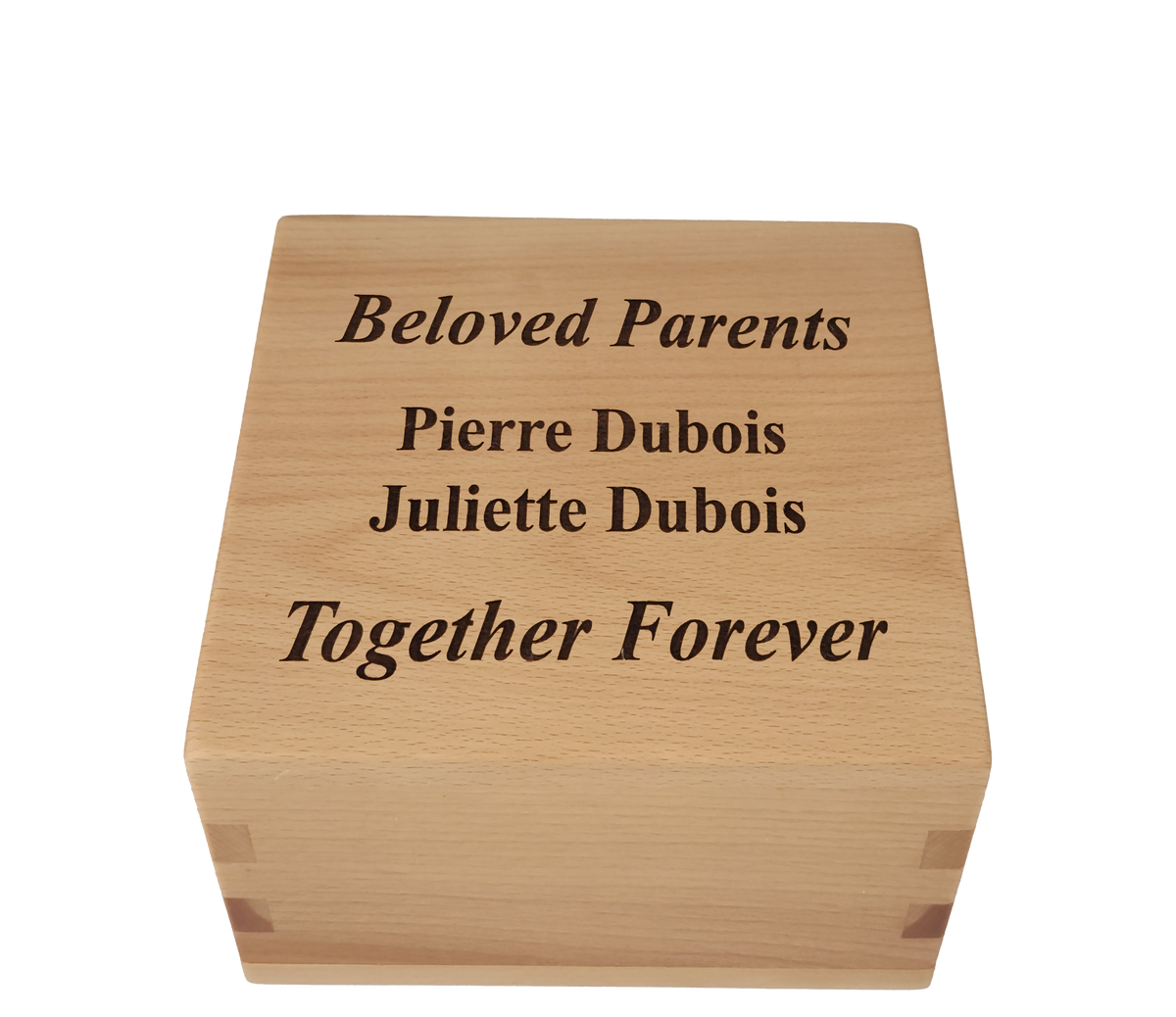 Personalized wooden cremation urn handcrafted in Beech with custom laser engraving.