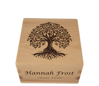 Personalized wooden cremation urn handcrafted in Beech with custom laser engraving.