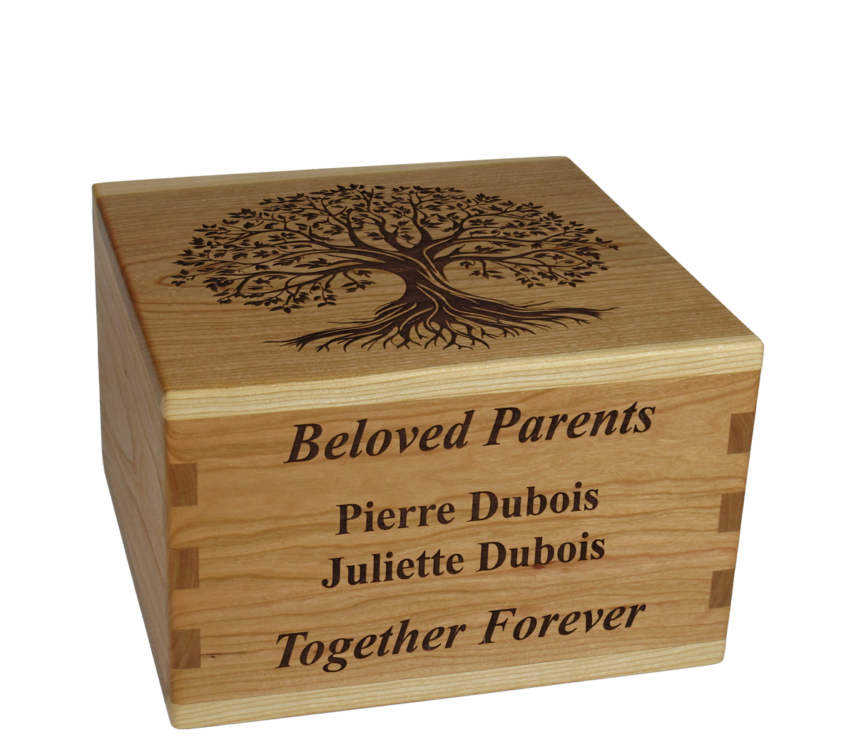 Personalized wooden cremation urn handcrafted in Cherry with custom laser engraving.