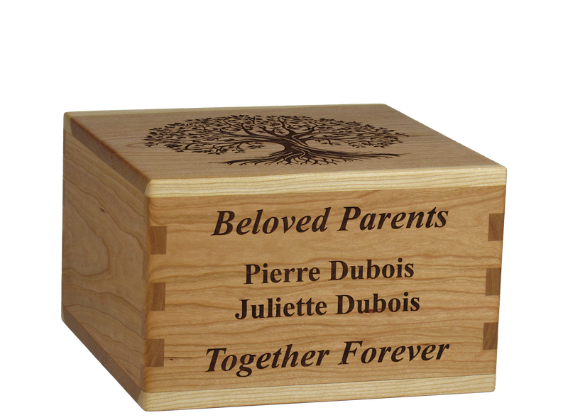 Personalized wooden cremation urn handcrafted in Cherry with custom laser engraving.