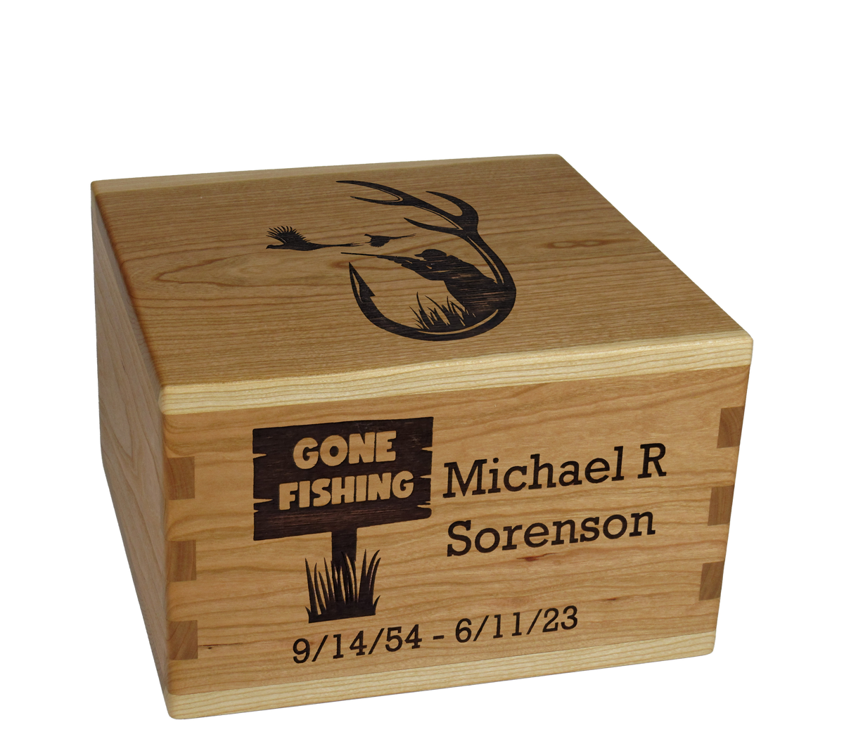 Personalized wooden cremation urn handcrafted in Cherry with custom laser engraving.