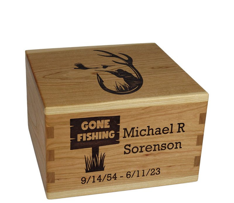 Personalized wooden cremation urn handcrafted in Cherry with custom laser engraving.