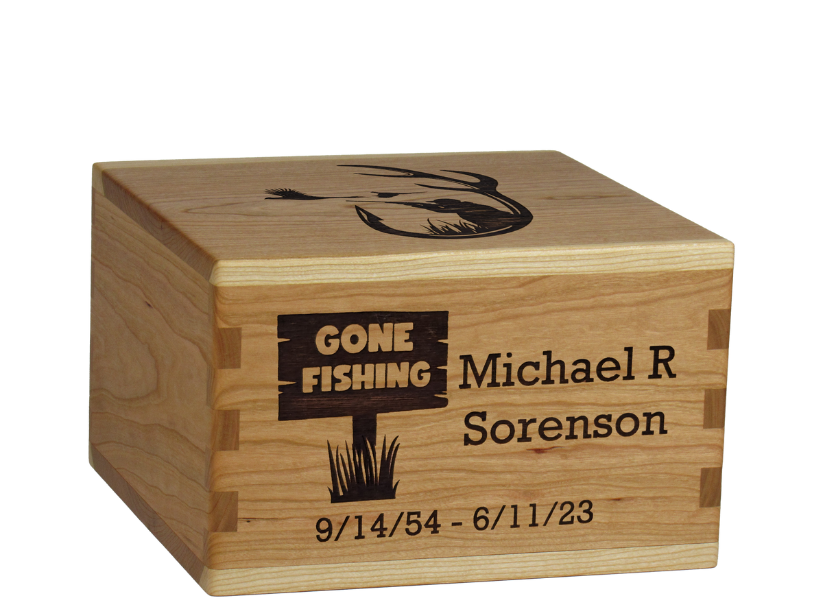 Personalized wooden cremation urn handcrafted in Cherry with custom laser engraving.