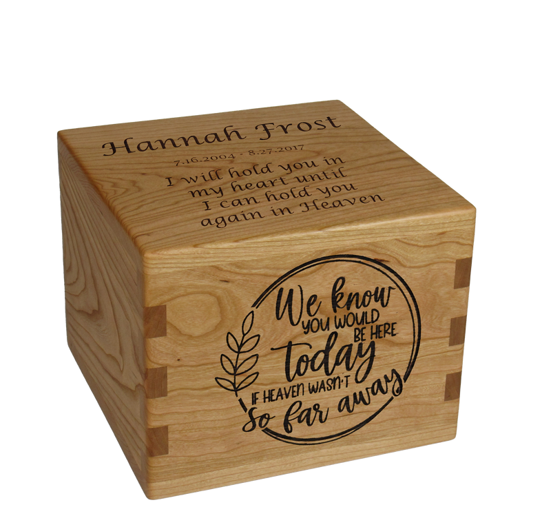 Personalized wooden cremation urn handcrafted in Cherry with custom laser engraving.