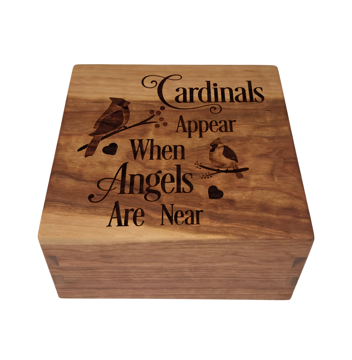 Personalized wooden cremation urn handcrafted in Cherry with custom laser engraving.