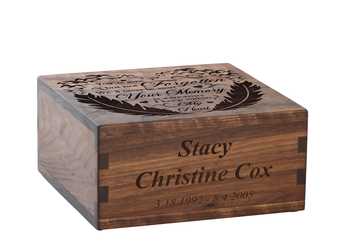 Personalized wooden cremation urn handcrafted in Ash with custom laser engraving.