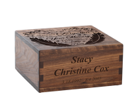 Personalized wooden cremation urn handcrafted in Ash with custom laser engraving.