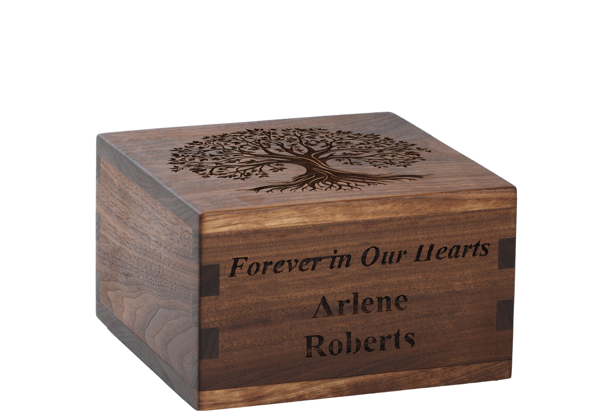 Personalized wooden cremation urn handcrafted in Walnut with custom laser engraving.