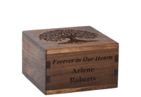 Personalized wooden cremation urn handcrafted in Walnut with custom laser engraving.