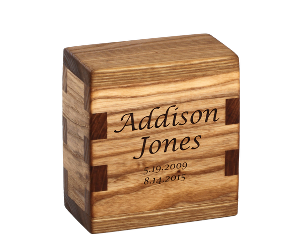 Personalized wooden keepsake cremation urn handcrafted in Ash with custom laser engraving.