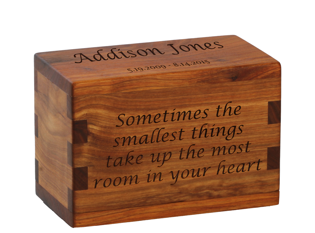 Personalized wooden keepsake cremation urn handcrafted in Canarywood with custom laser engraving.