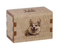 Personalized wooden pet cremation urn handcrafted in Curly Maple with custom laser engraving.