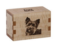 Personalized wooden pet cremation urn handcrafted in Curly Maple with custom laser engraving.