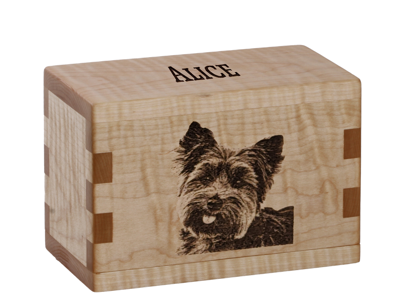 Personalized wooden pet cremation urn handcrafted in Curly Maple with custom laser engraving.