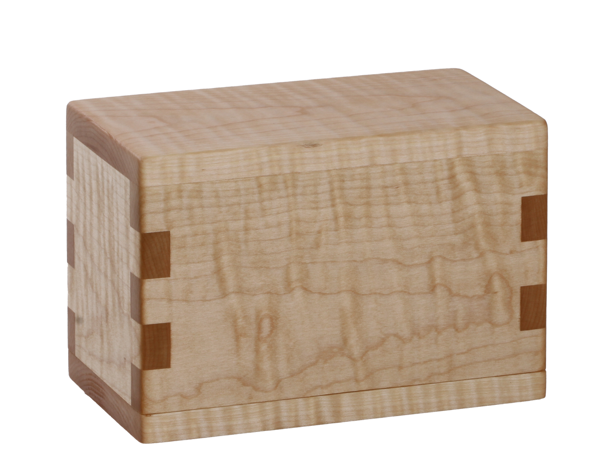 Wood pet cremation urn handcrafted in Curly Maple.