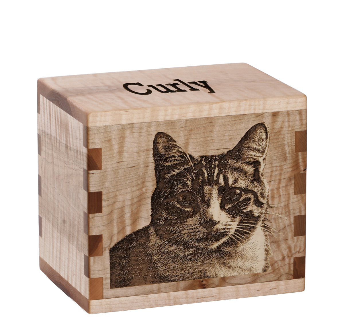 Personalized wooden pet cremation urn handcrafted in Curly Maple with custom laser engraving.