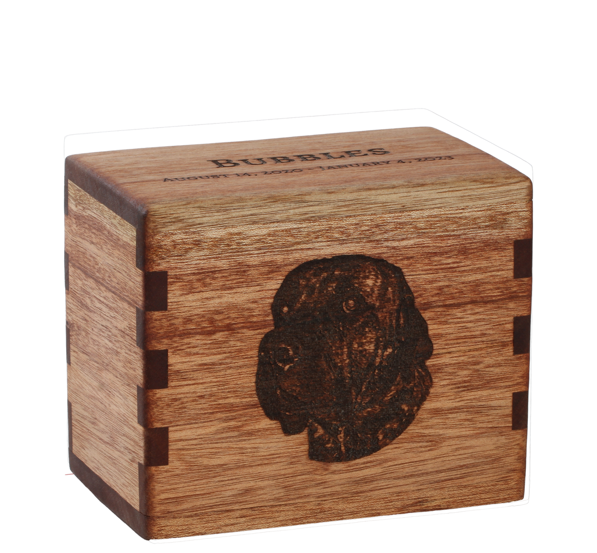 Personalized wooden pet cremation urn handcrafted in Mahogany with custom laser engraving.