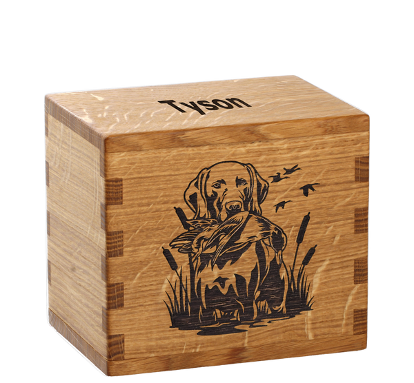 Personalized wooden pet cremation urn handcrafted in Quarter Sawn White Oak with custom laser engraving.