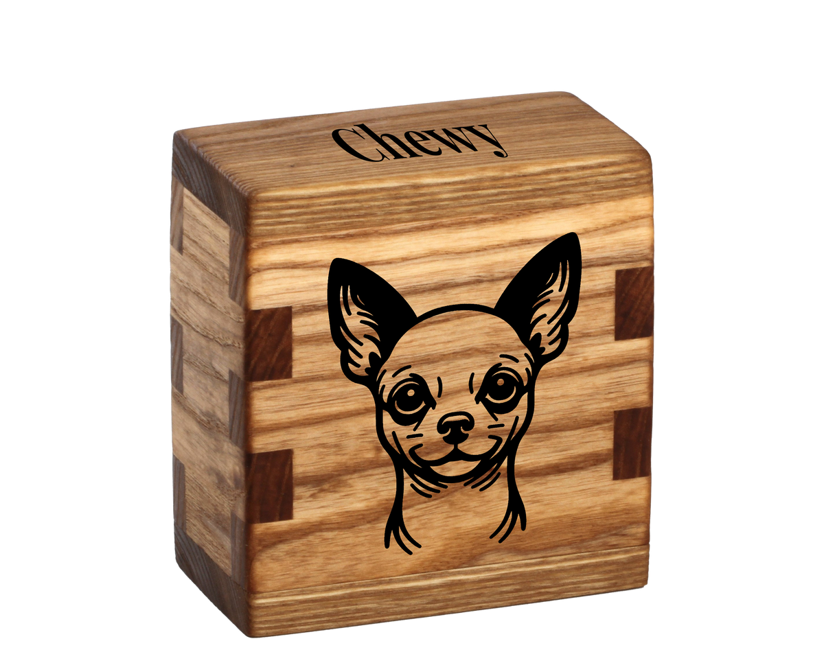 Personalized wooden pet cremation urn handcrafted in Ash with custom laser engraving.