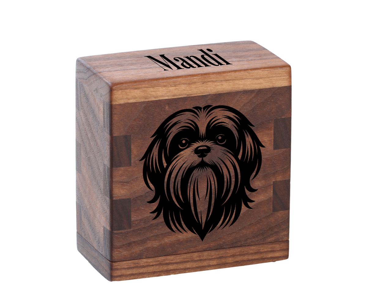 Personalized wooden pet cremation urn handcrafted in Walnut with custom laser engraving.