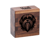 Personalized wooden pet cremation urn handcrafted in Walnut with custom laser engraving.