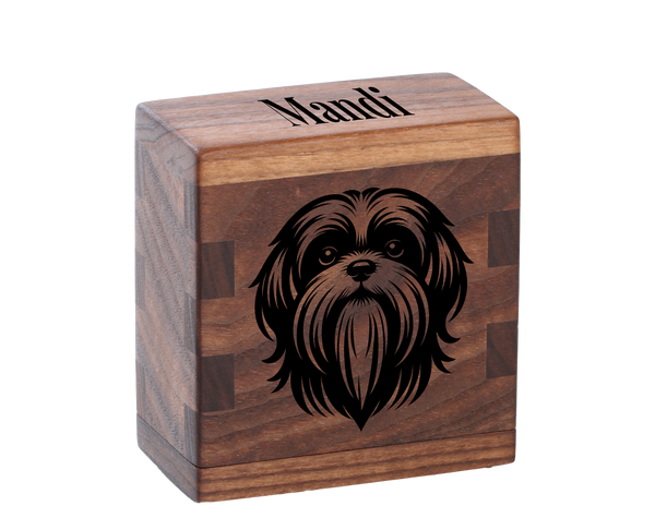 Personalized wooden pet cremation urn handcrafted in Walnut with custom laser engraving.